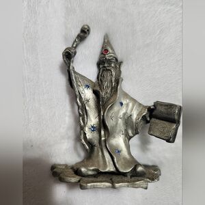 Silver Pewter Wizard Figurine with Red Gem